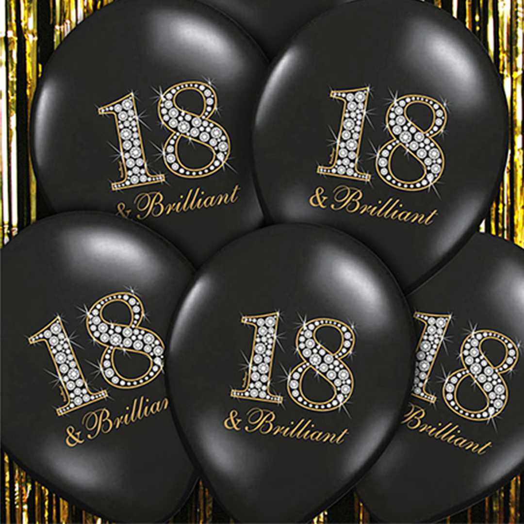 18 & Brilliant Balloner Sort - 6 stk (30 cm) | 18 år Latexballoner - Temashop
