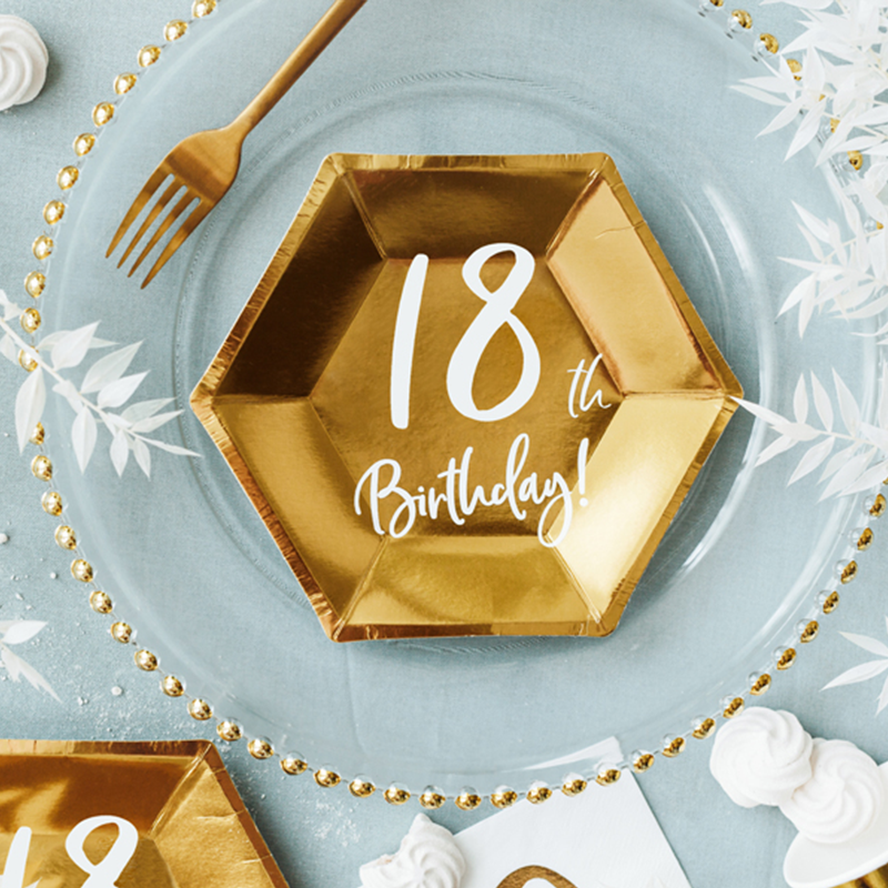 18th Birthday Paptallerkener Guld - 6 stk (20 cm) | 18 år Tallerkner - Temashop