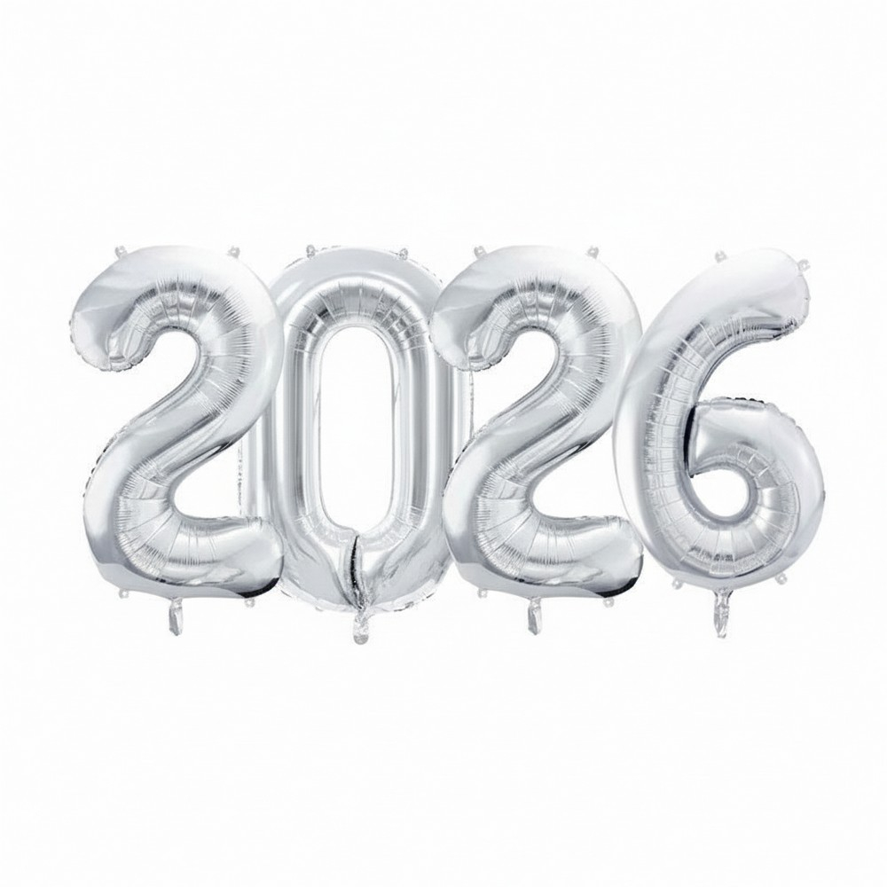 2026 XL Balloner Sølv - 4 stk (86 cm) | Tal Folieballoner tal / bogstav - Temashop