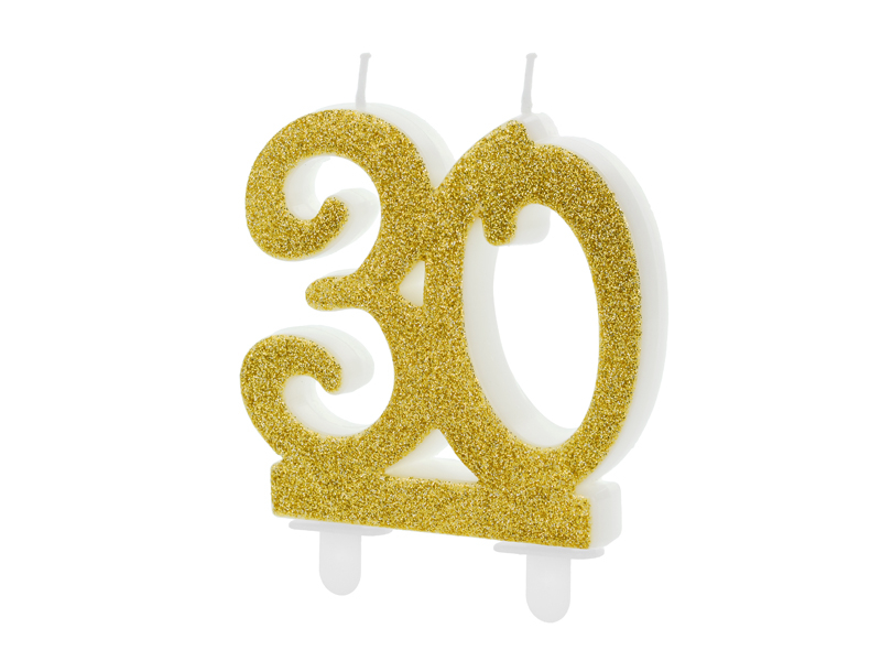 30 Års Glitter Kagelys Guld - 1 stk (7,5 cm) | 30 år Kagelys - Temashop