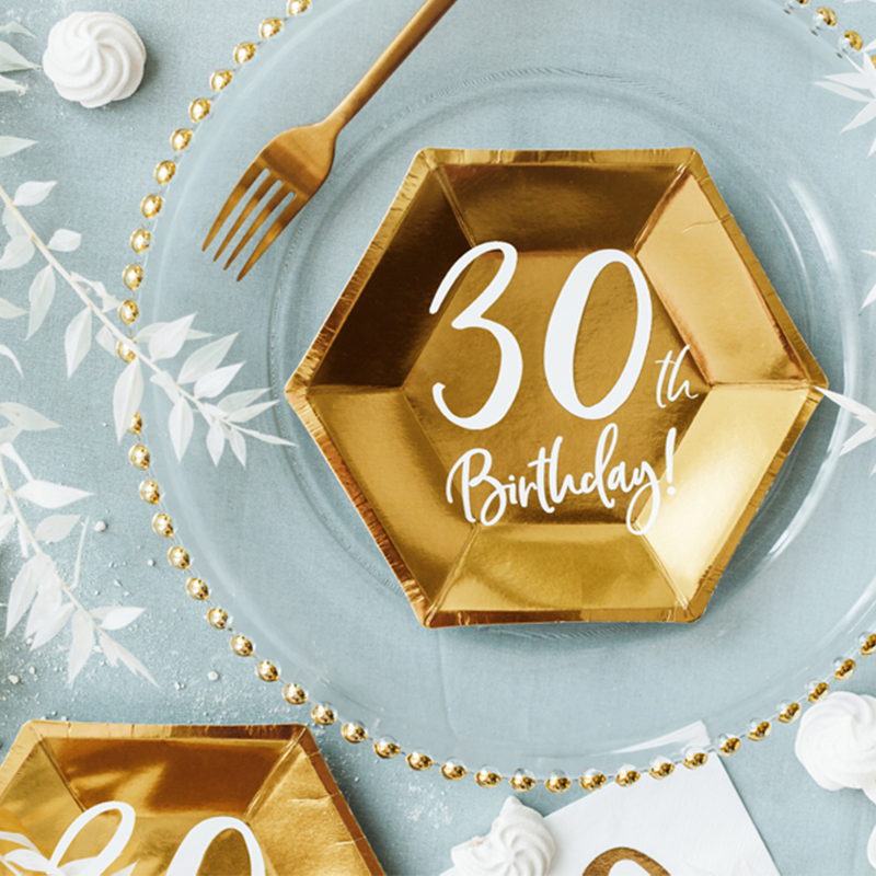 30th Birthday Paptallerkener Guld - 6 stk (20 cm) | 30 år Tallerkner - Temashop