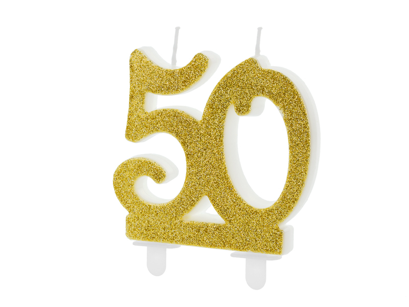 50 Års Glitter Kagelys Guld - 1 stk (7,5 cm) | 50 år Kagelys - Temashop