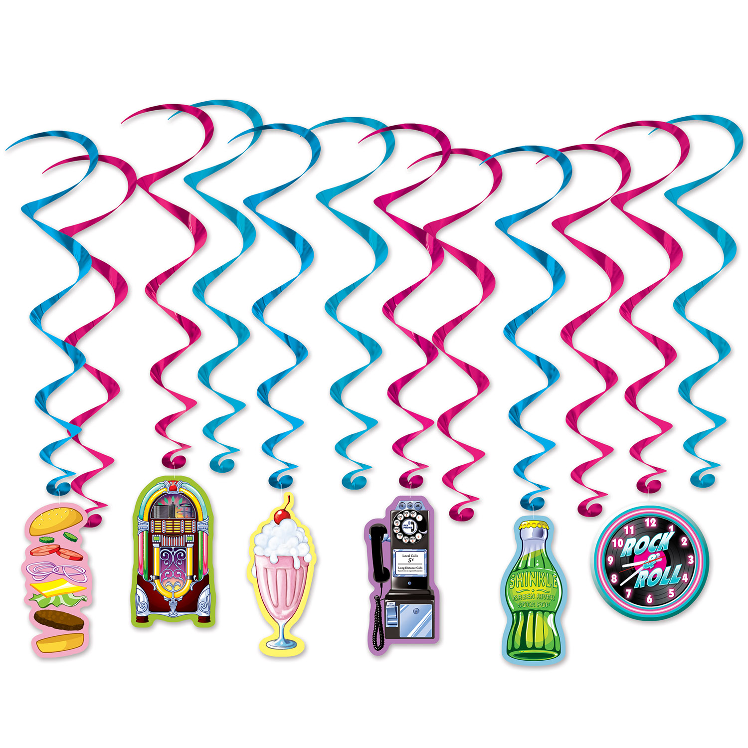50'er Diner Swirls - 12 stk (83 cm) | 50'erne Rock n' Roll Spiraler/string - Temashop