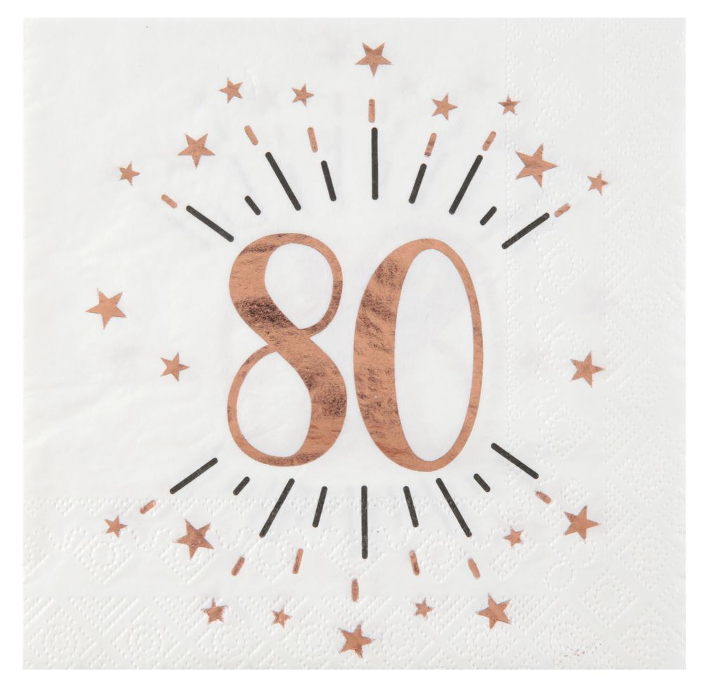 80 Års Konfetti Servietter Rosaguld - 10 stk (33 x 33 cm) | 80 år Servietter - Temashop