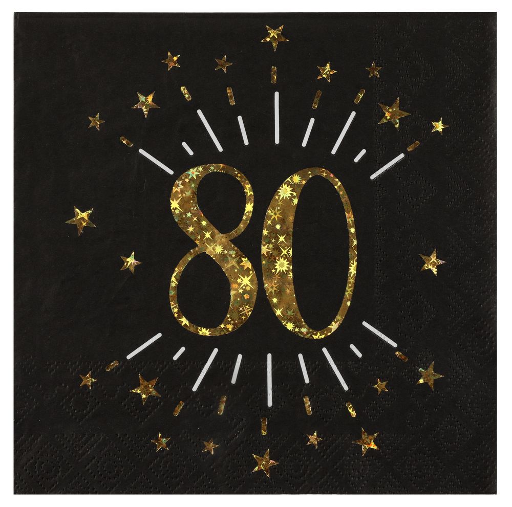 80 Års Servietter Glitter Guld/Sort - 10 stk (33 x 33 cm) | 80 år Servietter - Temashop