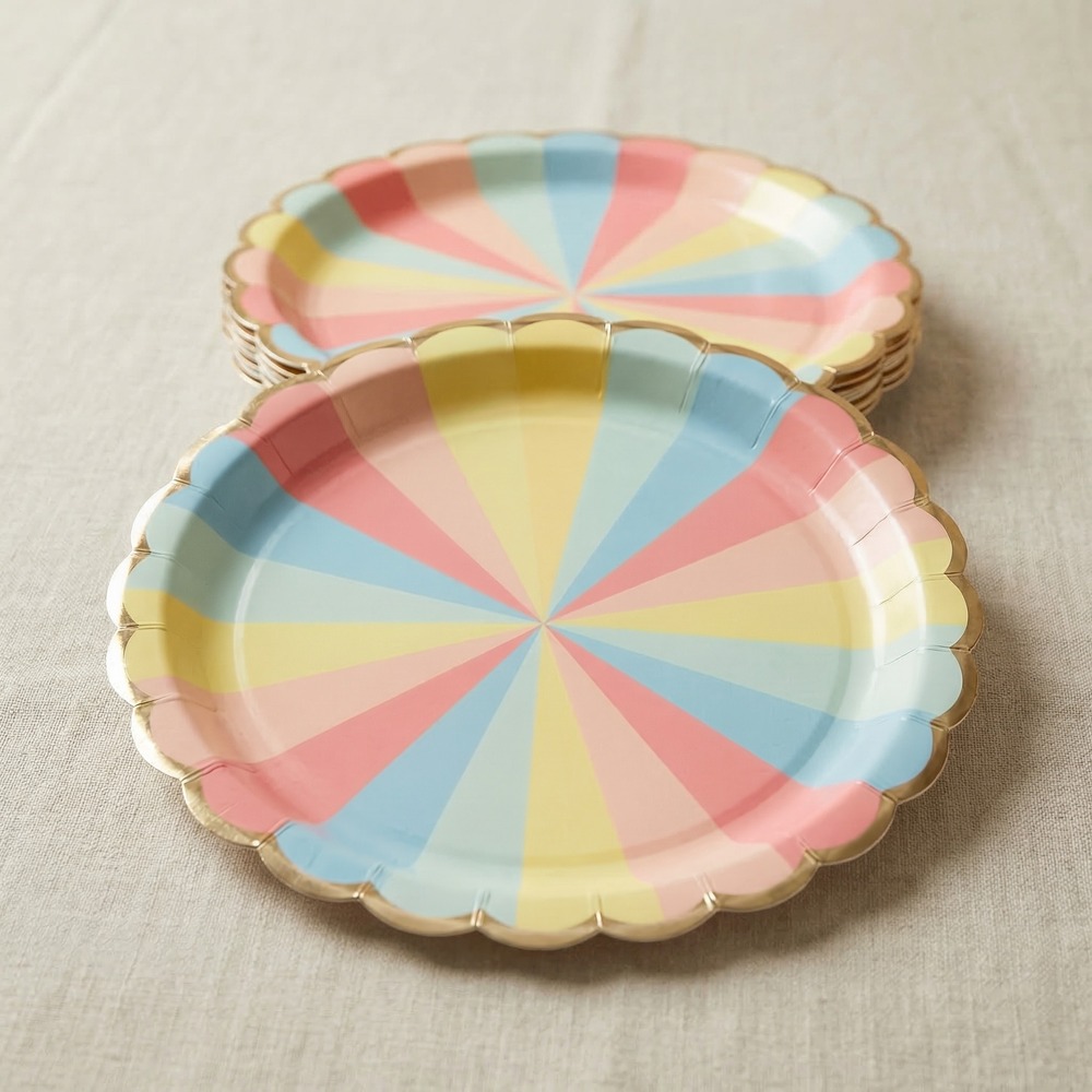 Pastel Mix Tallerkener Guldkant - 8 stk (23 cm) | Karneval Tallerkner - Temashop