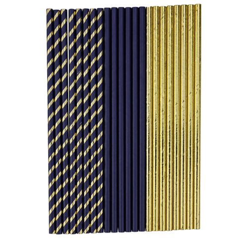 Papir Sugerør Marineblå/Guld