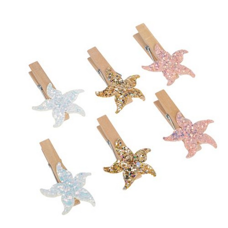 Søstjerne Glimmer Klemmer - 6 stk (4,5 x 3,5 cm) | Maritimt Klemmer - Temashop