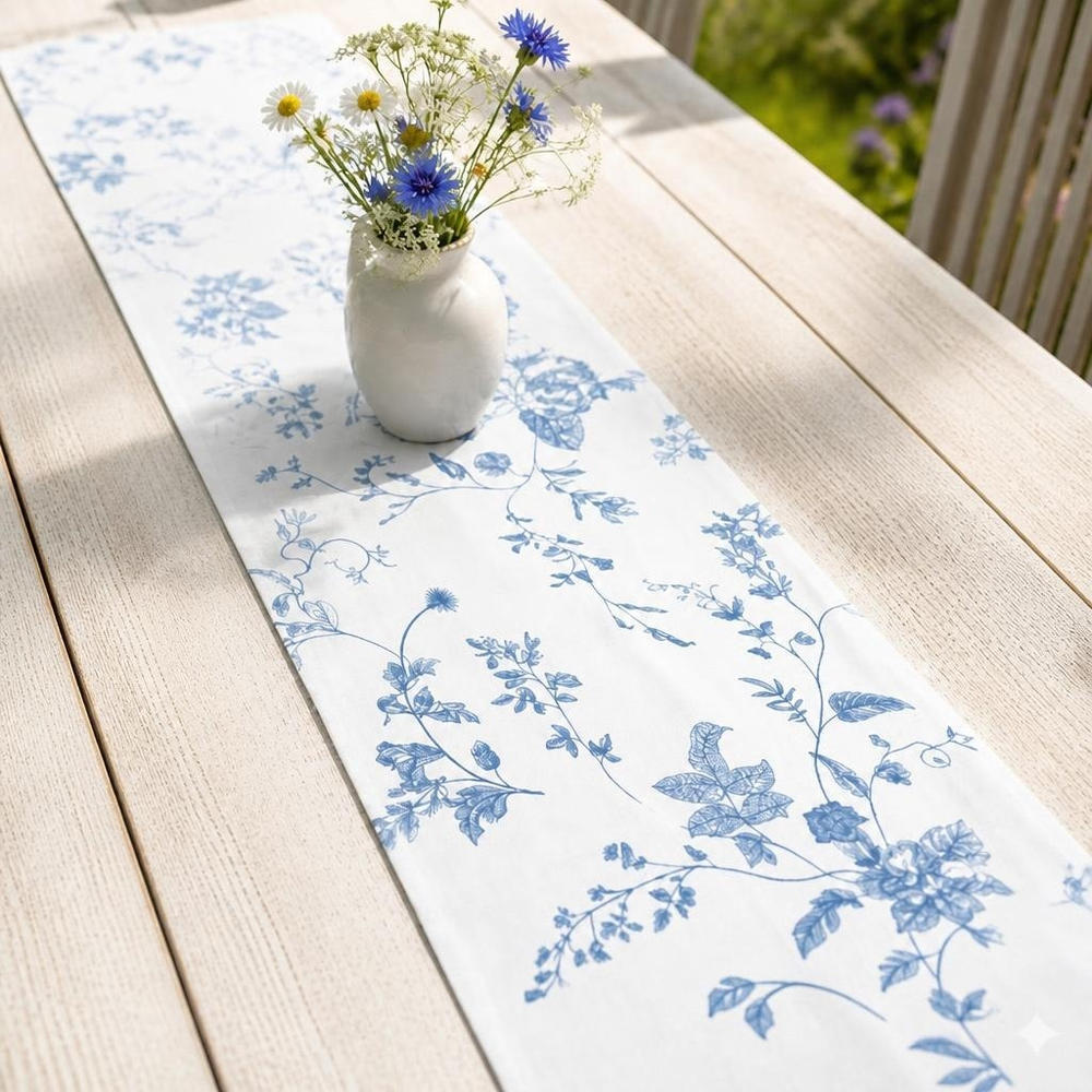 Blomster Bordløber Hvid/Blå