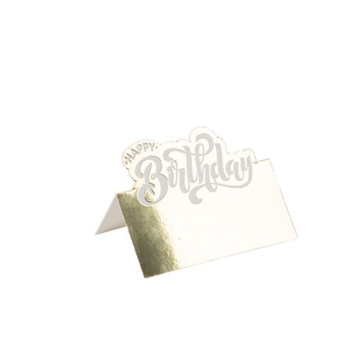 Happy Birthday Bordkort Hvid/Guld - 8 stk (8 x 6 cm) | Fødselsdag Bordnumre / bordkort / holdere - Temashop