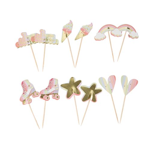 Kagepinde Pastel/Guld - 12 stk (7 x 9,5 cm) | Fødselsdag Kagepinde - Temashop