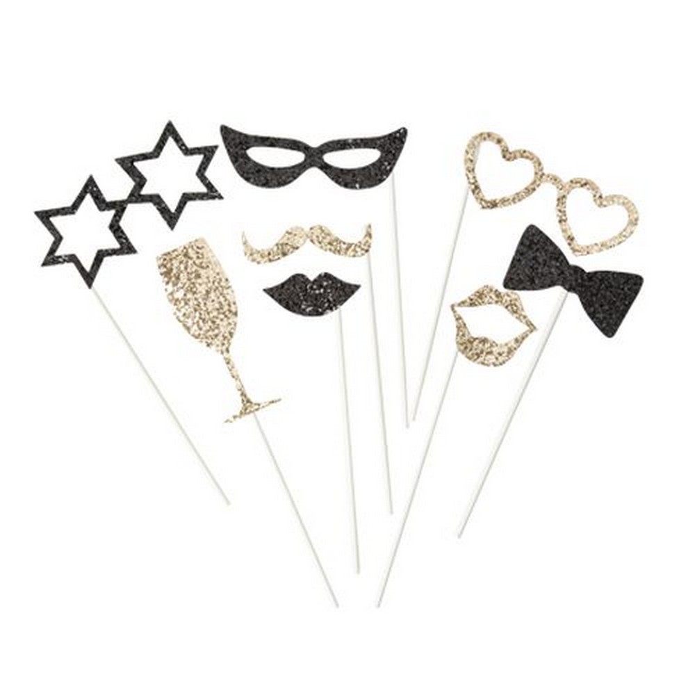 Galla Photobooth Selfie Rekvisitter Sort/Guld - 8 dele | Guld tema Photobooth - Temashop