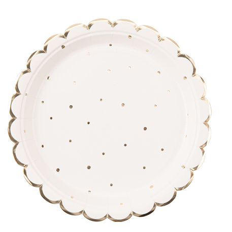Guldprikker Paptallerkener Hvid/Guld - 8 stk (Ø 23 cm) | Guld tema Tallerkner - Temashop