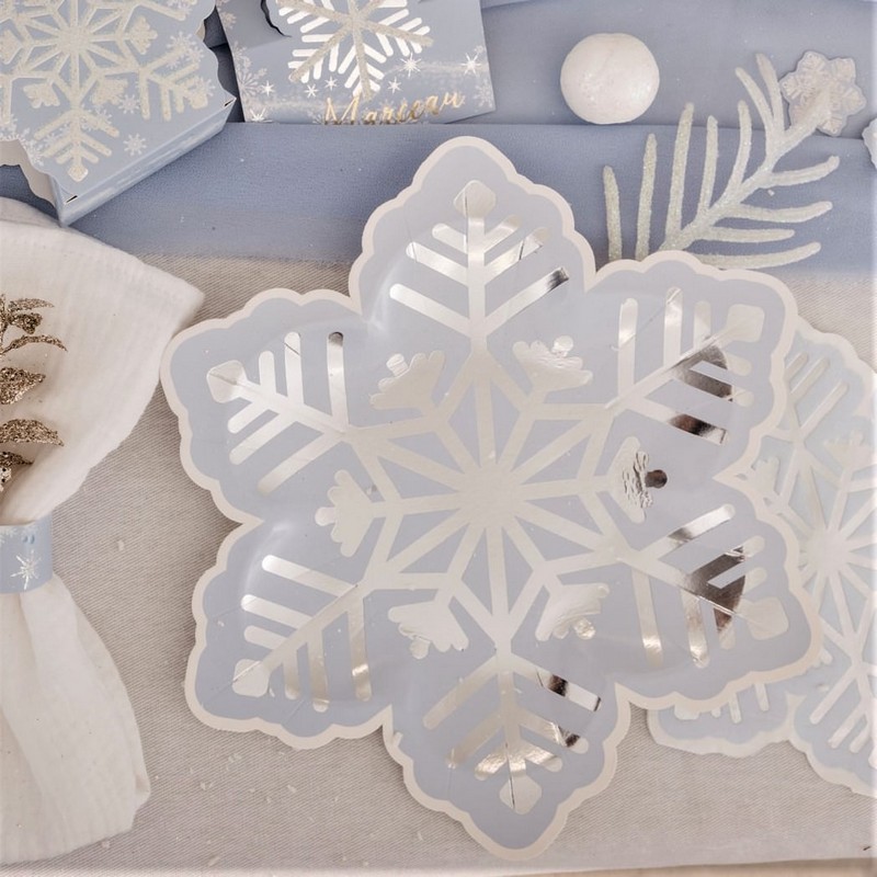 Snefnug Tallerkener Lyseblå/Sølv - 8 stk (23 cm) | Julefrokost Tallerkner - Temashop