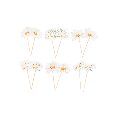 Marguerit Kagepinde Hvid/Okkergul/Grøn - 12 stk (7,5 cm) | Blomst Kagepinde - Temashop