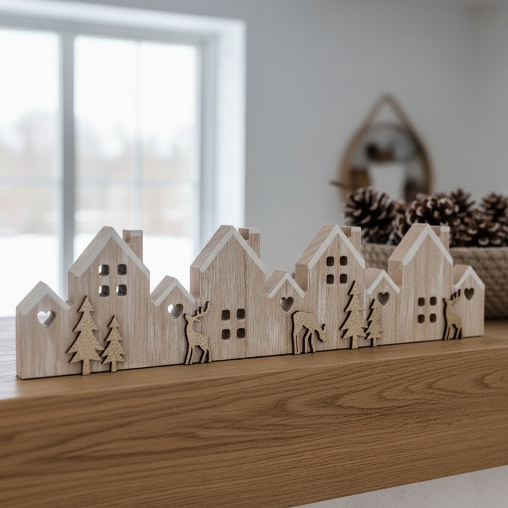 Julelandsby Trædekoration - 1 stk (38,8 x 9,5 cm) | Julescene Julepynt - Temashop