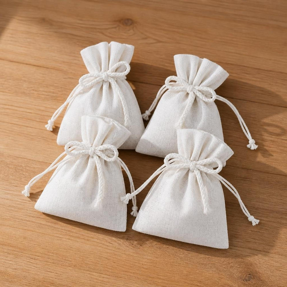 Råhvide Stofposer Med Snorelukning - 4 stk (9,5 x 11,5 cm) - Temashop