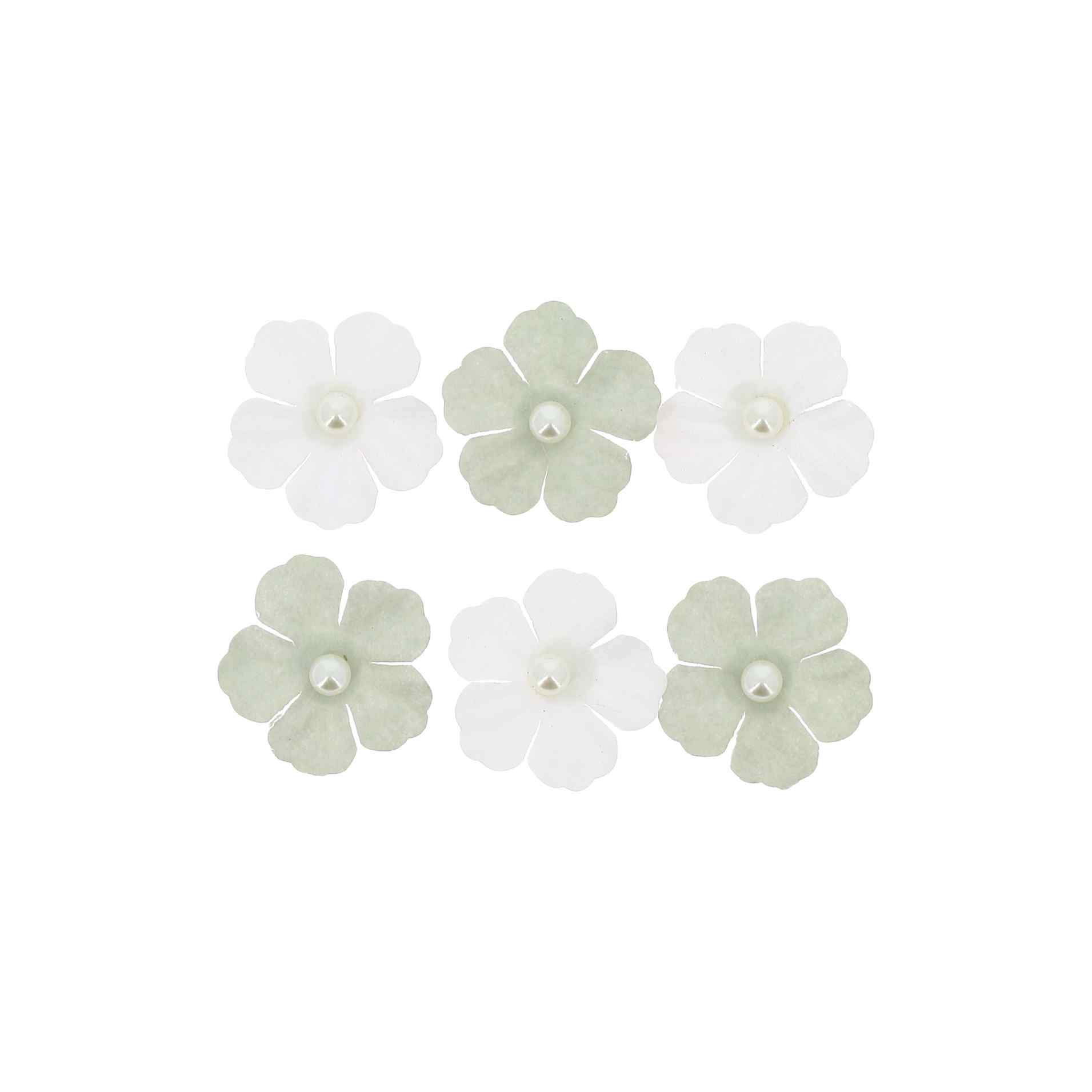 Papirblomster Med Perle Hvid/Salviegrøn - 6 stk (Ø 3 cm) | Blomst Kunstige blomster - Temashop