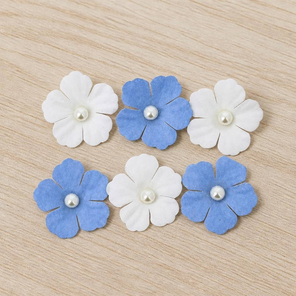 Papirblomster Med Perle Blå/Hvid - 6 stk (Ø 3 cm) | Blomst Kunstige blomster - Temashop