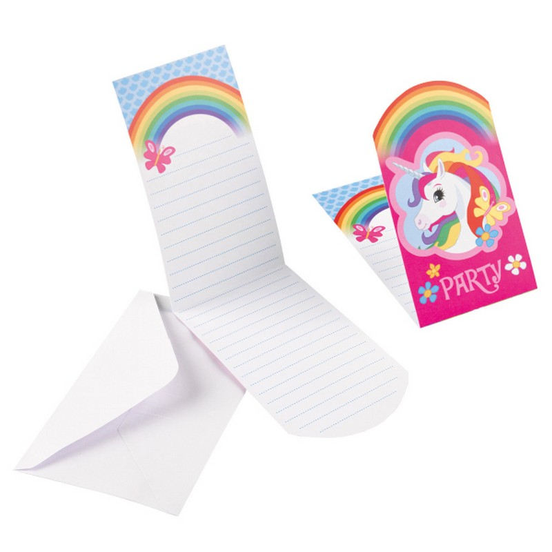 Enhjørning Regnbue Invitationer - 8 stk (8 x 13,9 cm) | Enhjørning Kort / Invitationer / Gode råd - Temashop