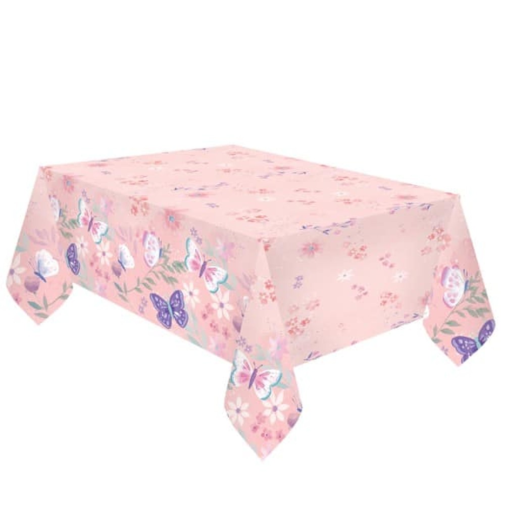 Sommerfugl & Blomster Dug Lyserød - 1 stk (120 x 180 cm) | Sommerfugl Duge - Temashop