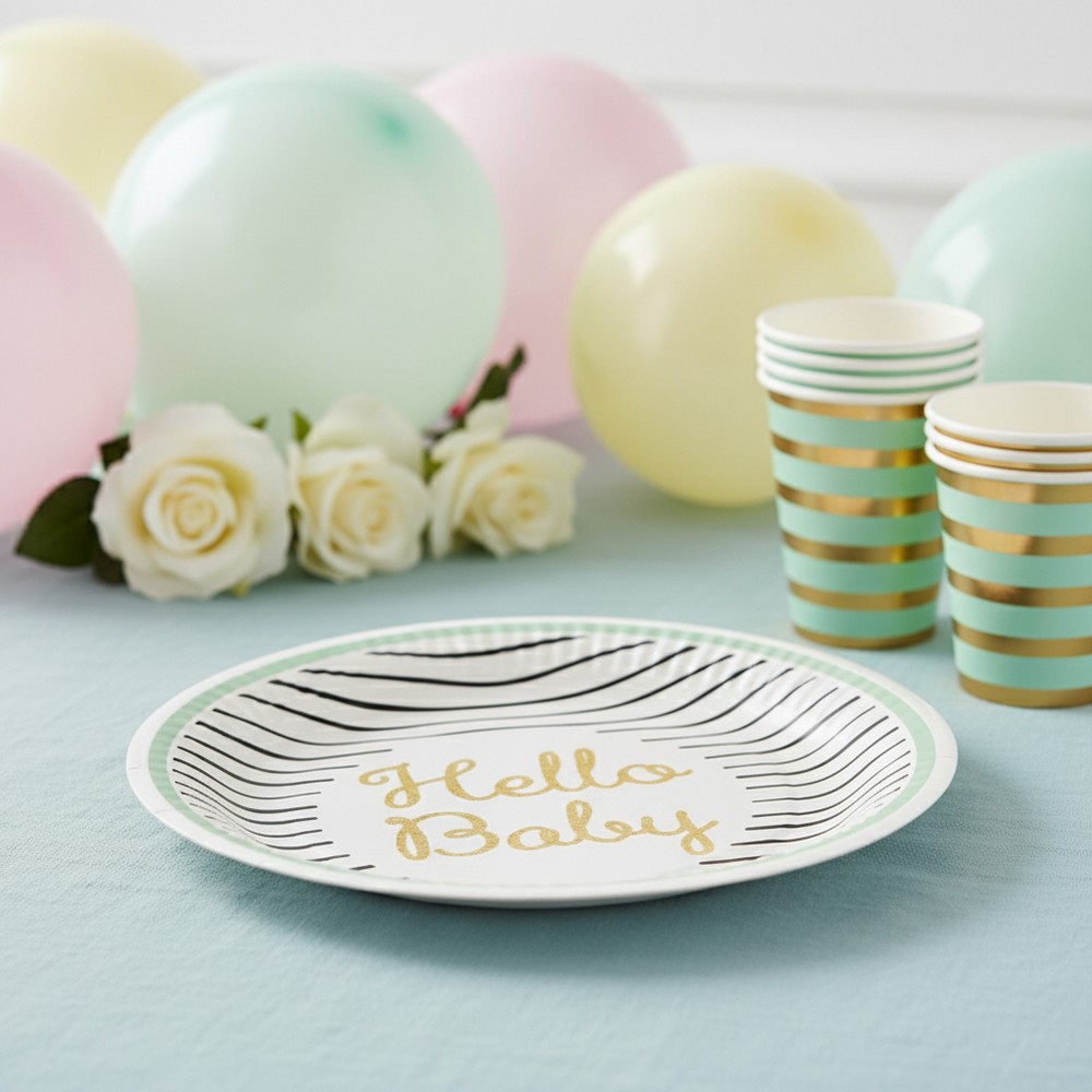 Hello Baby Paptallerkener - 8 stk (23 cm) | Babyshower Tallerkner - Temashop