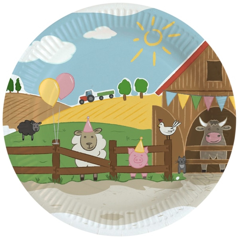 Bondegård Paptallerkener - 8 stk (23 cm) | Gård tema Tallerkner - Temashop