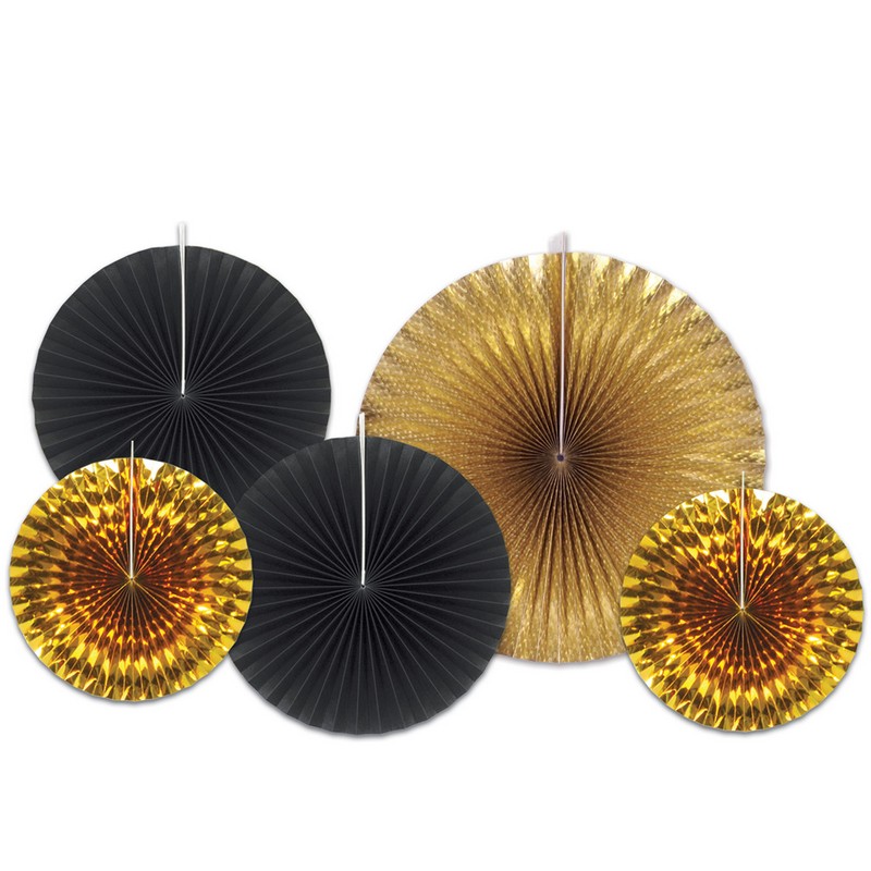 Nytårs Rosetter Sort/Guld - 5 stk (23 x 23 cm & 30 x 30 cm & 41 x 41 cm) | Nytår Vifter / Rosetter - Temashop