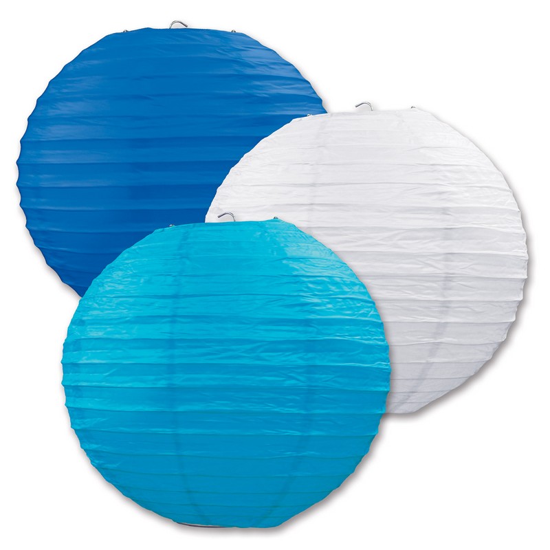 Papirslanterner Blå/Hvid/Turkis - 3 stk (24,1 cm) | Turkis Tema Lanterner - Temashop