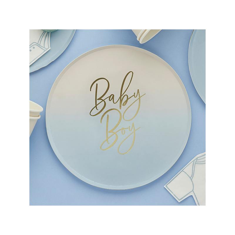 Baby Paptallerkener Ombre Blå - 8 stk (23cm) | Babyshower Tallerkner - Temashop