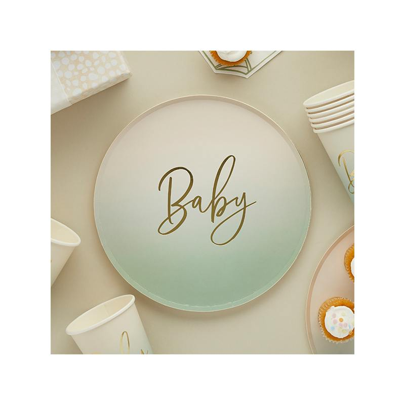 Baby Paptallerkener Ombre Grøn - 8 stk (23 cm) | Babyshower Tallerkner - Temashop