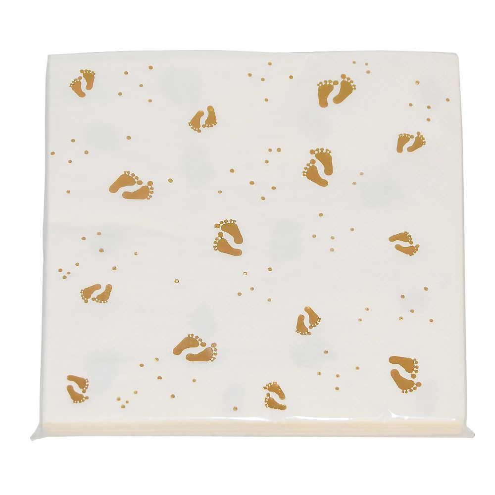 Babyfødder Servietter Hvid/Guld - 16 stk (33 x 33 cm) | Babyshower Servietter - Temashop