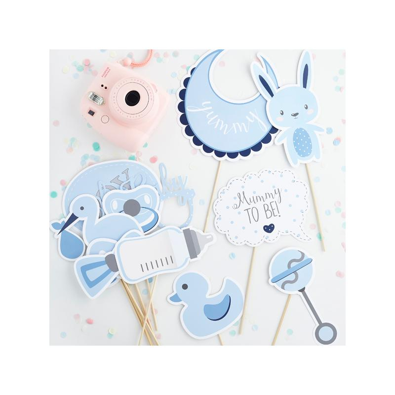 Babyshower Selfie Props Blå - 13 stk | Babyshower Photobooth - Temashop