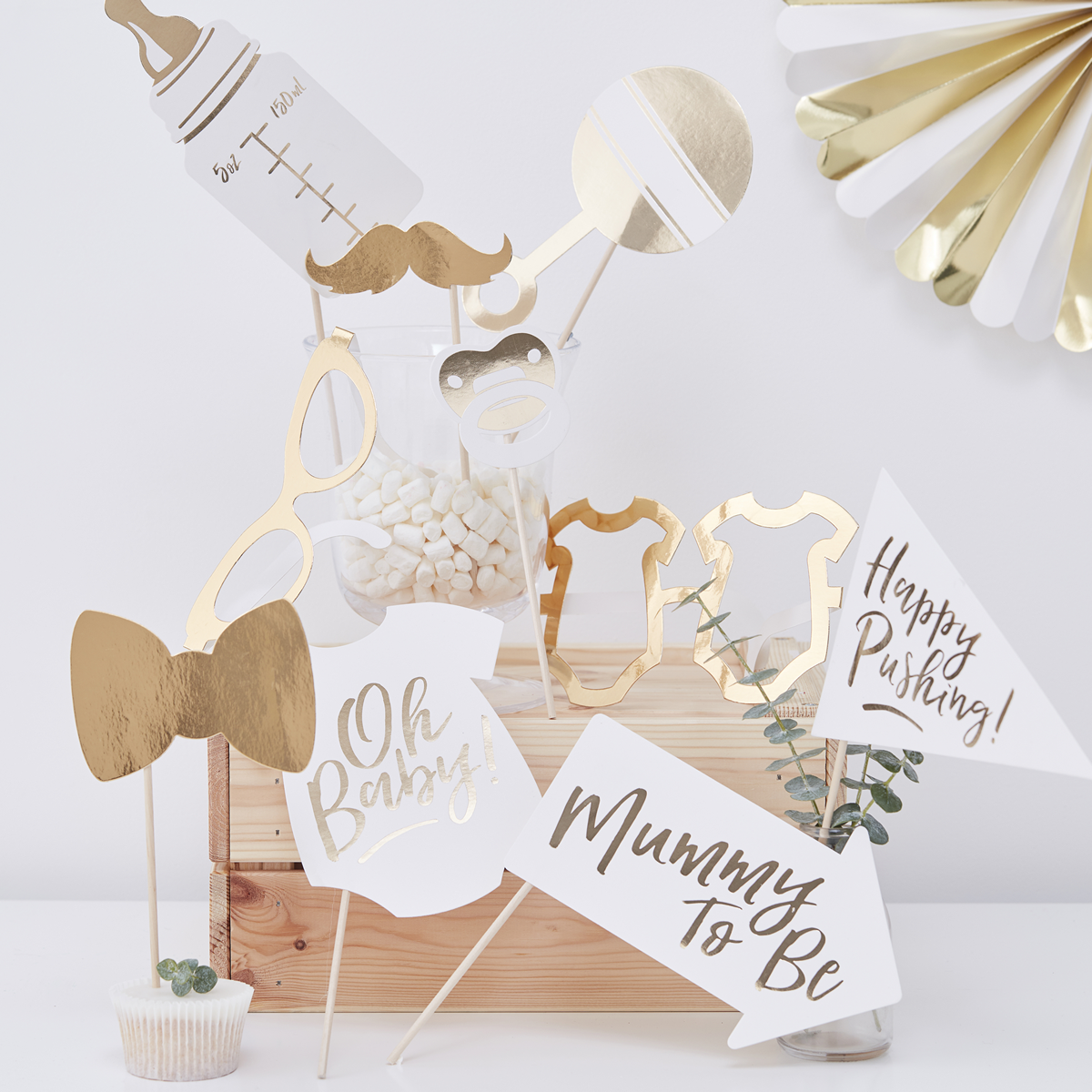 Babyshower Selfie Props Hvid/Guld - 10 stk (23 x 24 cm) | Babyshower Photobooth - Temashop