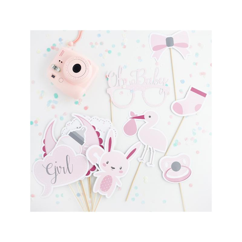 Babyshower Selfie Props Lyserød - 13 stk | Babyshower Photobooth - Temashop