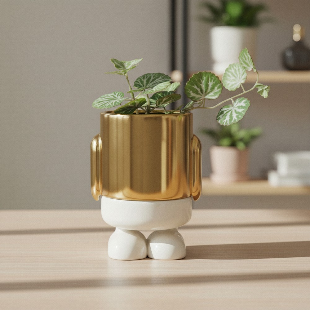Mini Blomstervase Mr. Standy Guld Keramik - 2 dele (13 x 8,5 x 8,5 cm) - Temashop
