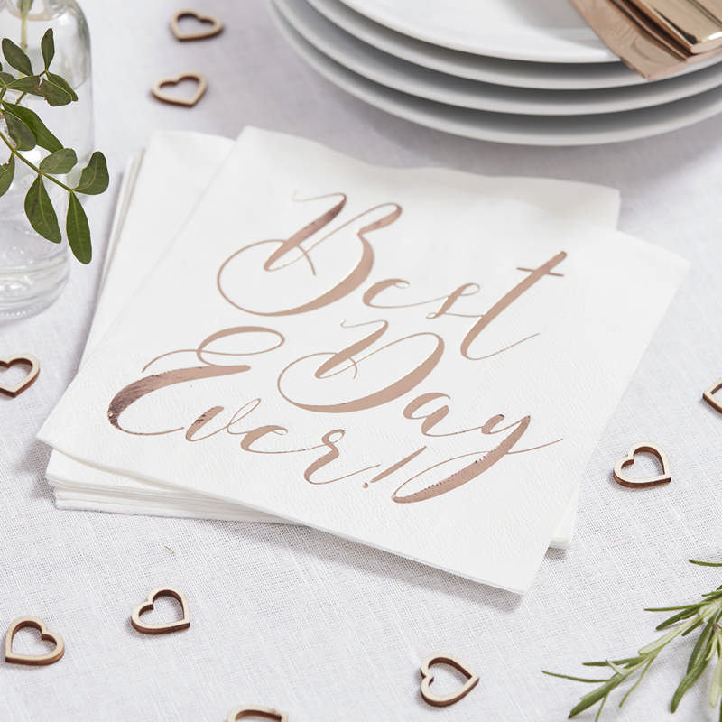 Best Day Ever Servietter Rosaguld - 20 stk (33 x 33 cm) | Bryllup Servietter - Temashop