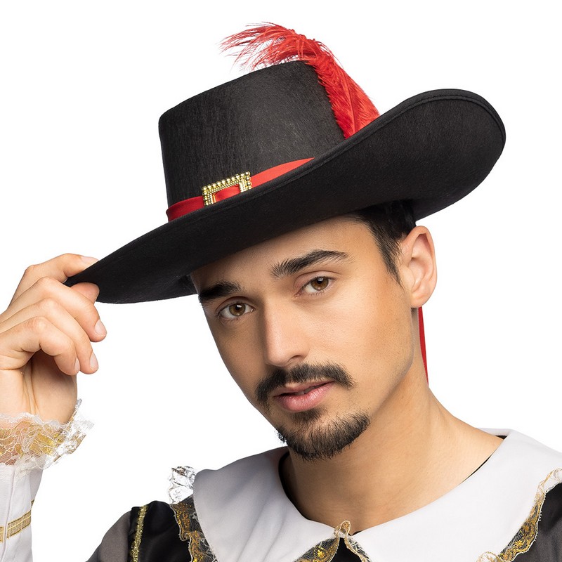 Musketér Hat Sort/Rød (58 cm) | Musketer Hat / Hue / Hjelm - Hovedtilbehør - Temashop