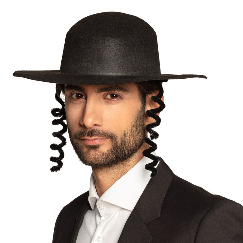Rabbiner Hat Med Krøllede Sidelokker (59 cm) | Jødisk Hat / Hue / Hjelm - Hovedtilbehør - Temashop