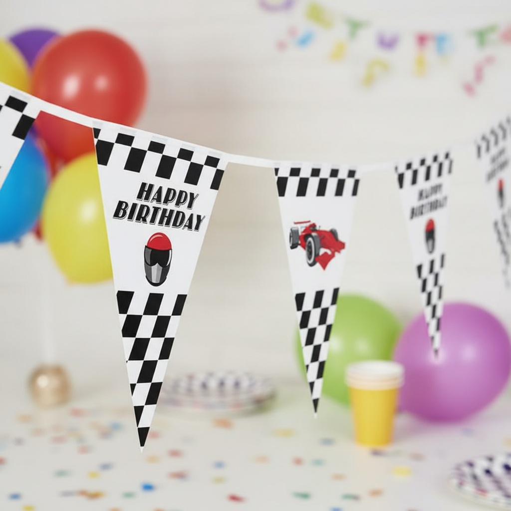 Racerbil Happy Birthday Vimpelguirlande - 1 stk (6 m) | Racerløb tema Guirlander - Temashop
