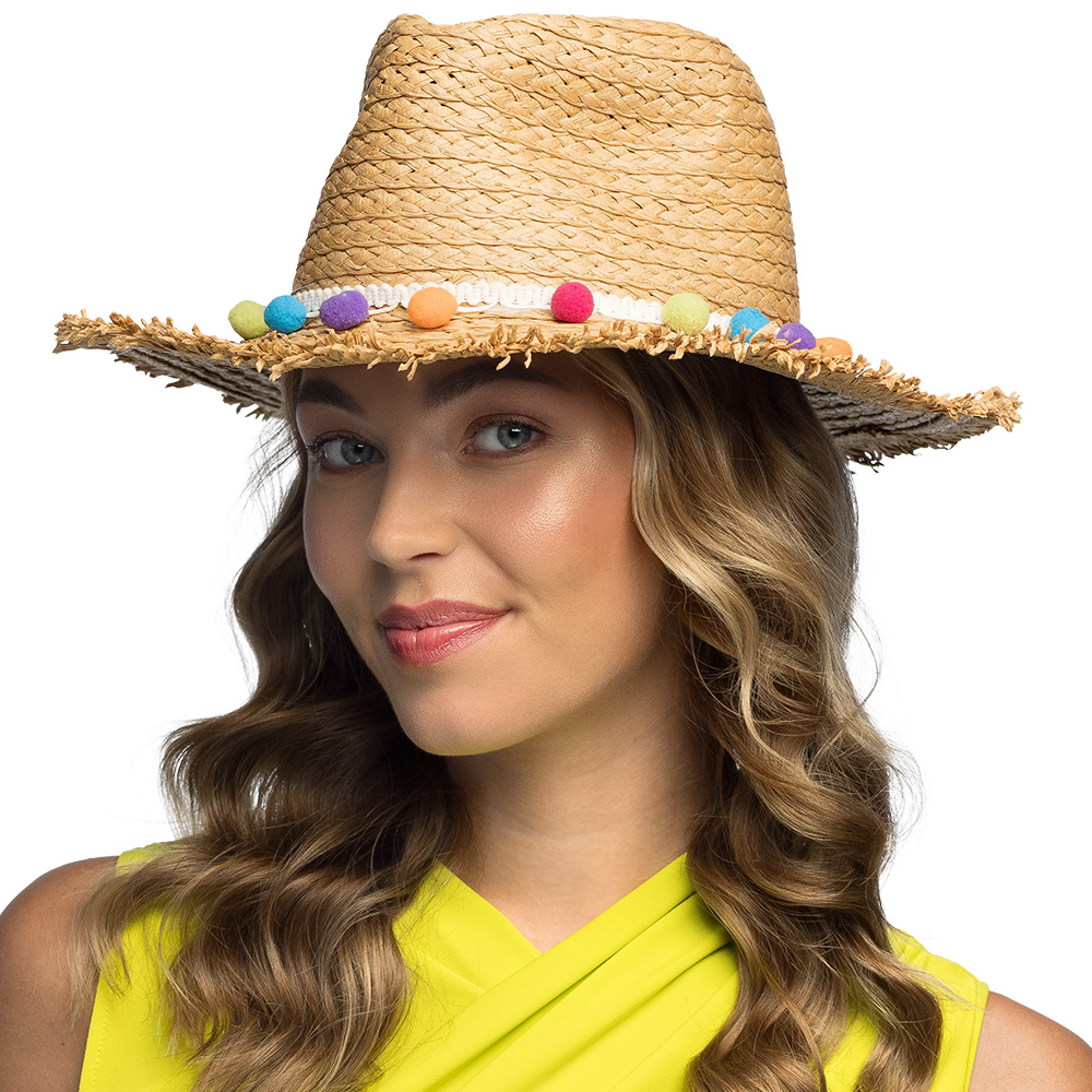 Pompom Stråhat (59 cm) | Mexico Hat / Hue / Hjelm - Hovedtilbehør - Temashop