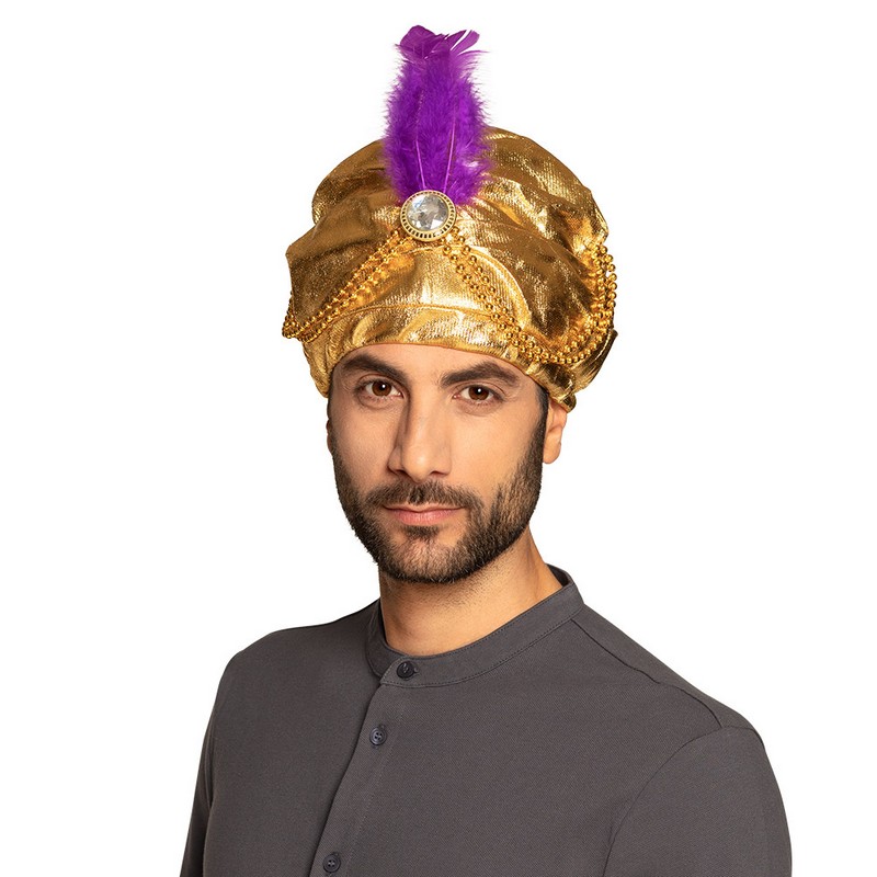 Sultan Turban Guld/Lilla (59 cm) | Aladdin Hat / Hue / Hjelm - Hovedtilbehør - Temashop