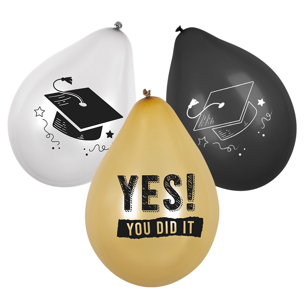 Student Latexballoner Guld/Hvid/Sort - 6 stk (Ø 25 cm) | Studerende Latexballoner - Temashop