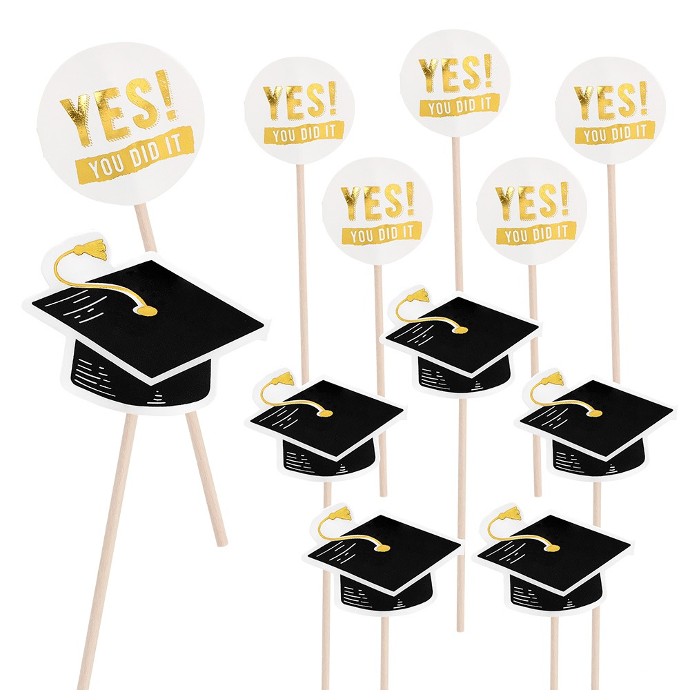Graduation Drinkspinde Sort/Guld - 12 stk (12 cm) | Studerende Drinkspinde - Temashop
