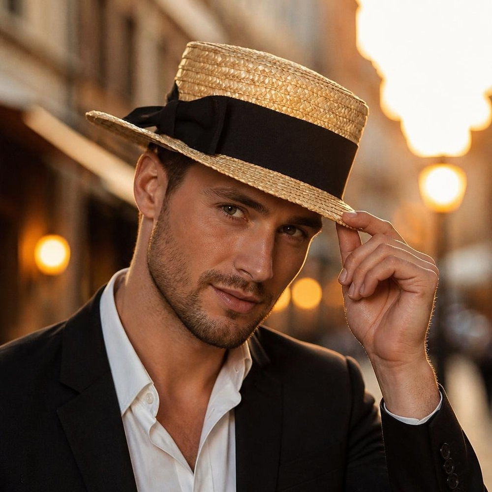 Canotier Stråhat Med Sort Bånd (59 cm) | Gentleman Hat / Hue / Hjelm - Hovedtilbehør - Temashop
