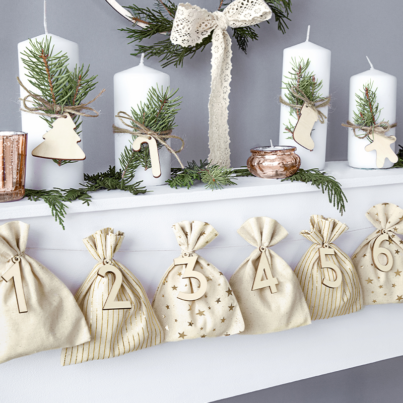 Bomuldspose Julekalender - 24 stk (10 x 13 cm) | Julekalender Gavetilbehør - Temashop