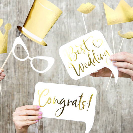 Bryllup Selfie Props Hvid/Guld - 10 dele | Bryllup Photobooth - Temashop