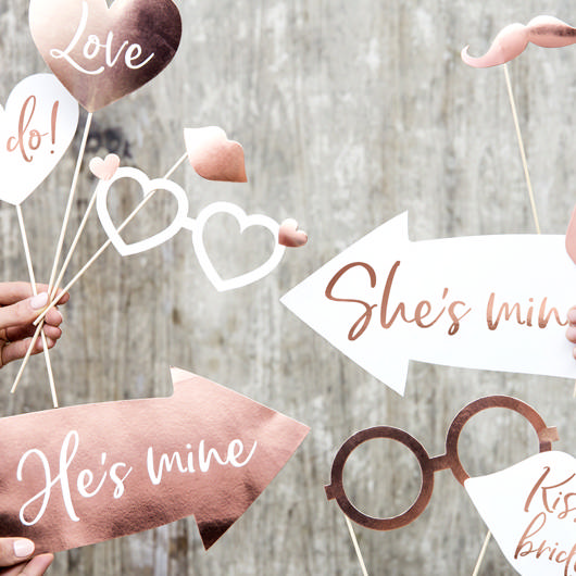 Bryllup Selfie Props Hvid/Rosaguld - 12 stk | Bryllup Photobooth - Temashop
