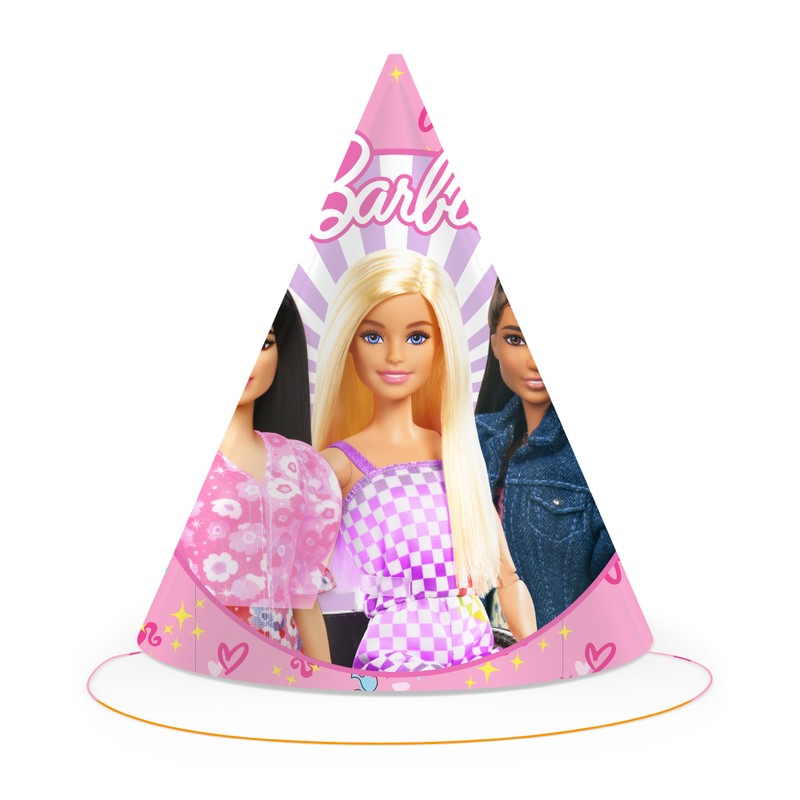Barbie Partyhatte Pink - 6 stk (14 cm) | Barbie Partyhatte - Temashop