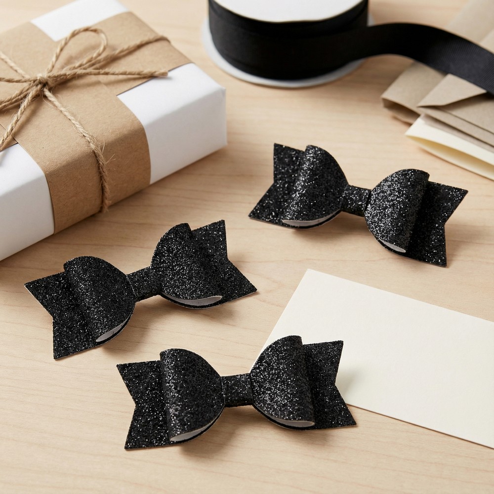 Glitrende Sløjfer Sort - 4 stk (3,1 x 8,5 cm) | Sort tema Bånd - Temashop